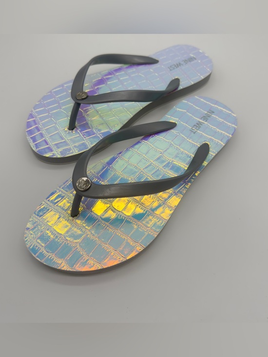 Nine West Shoes - Nine West Iridescent Multicolor Croc-Texture Flip Flop Sandals with Black Straps